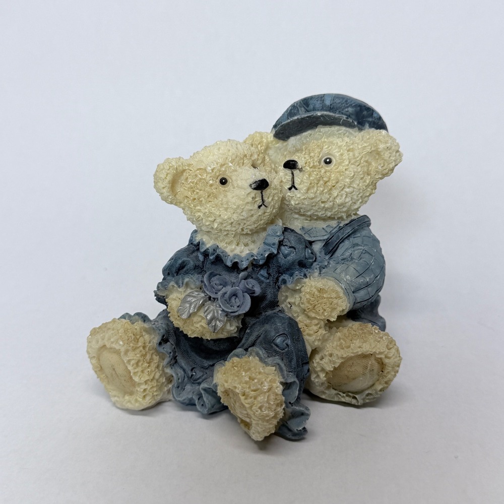 Vintage Style Resin Teddy Bear Couple Figurine Blue Cream Textured 3 Inch